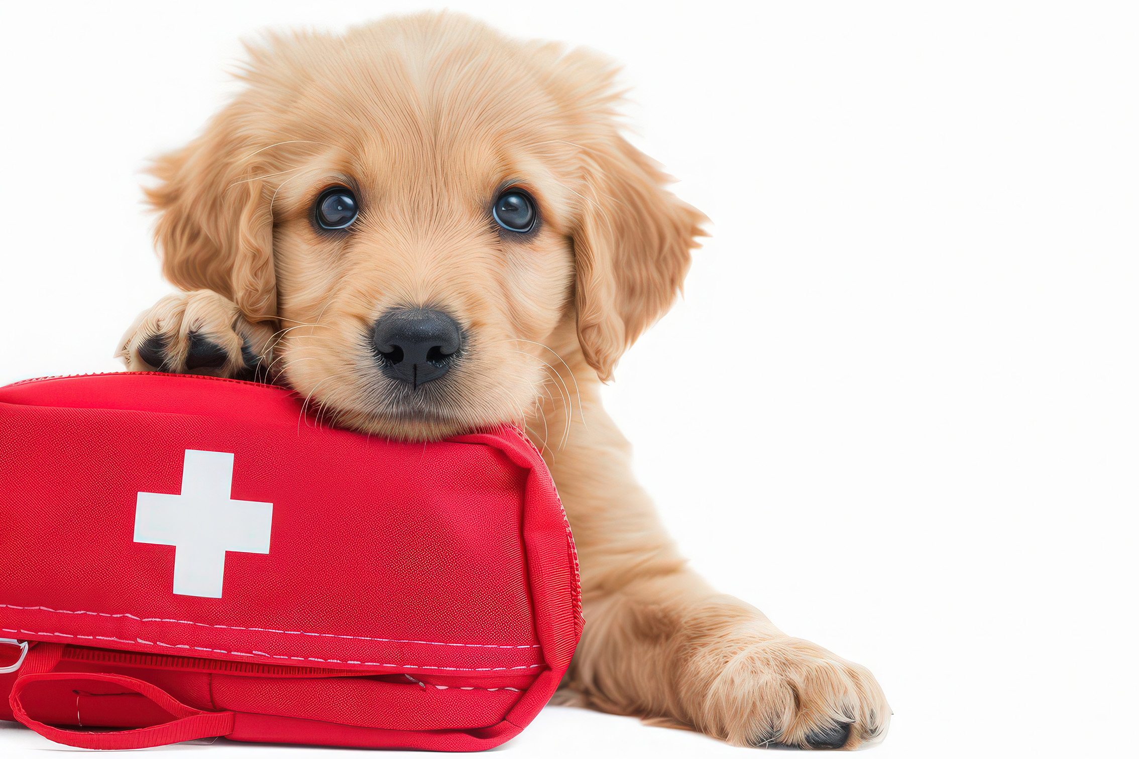 Erste_Hilfe_Kindernotfaelle02.jpg Cute Labrador Retriever puppy portrait with red first aid kit in