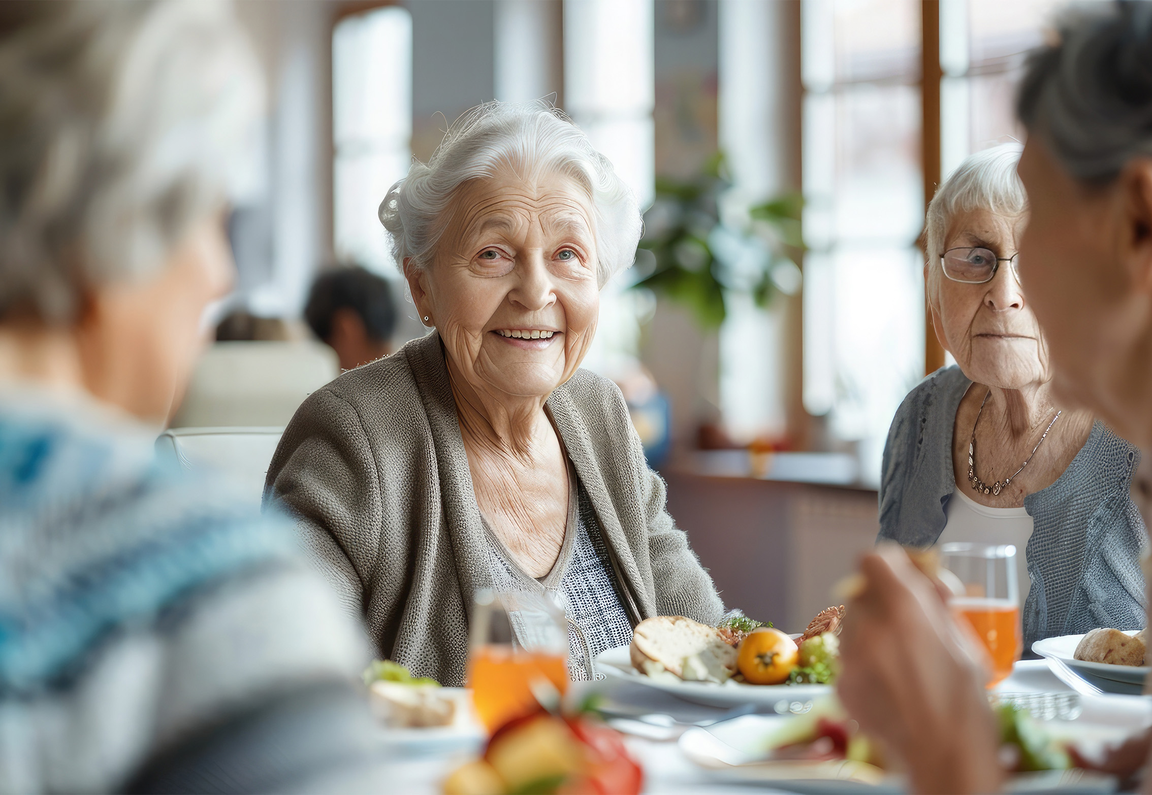 Group of senior friends communicating while eating lunch in nurs